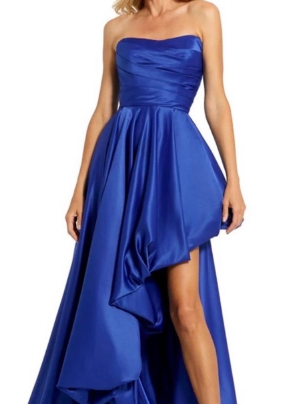 Mac Duggal Strapless Cobalt Satin High-Low Gown